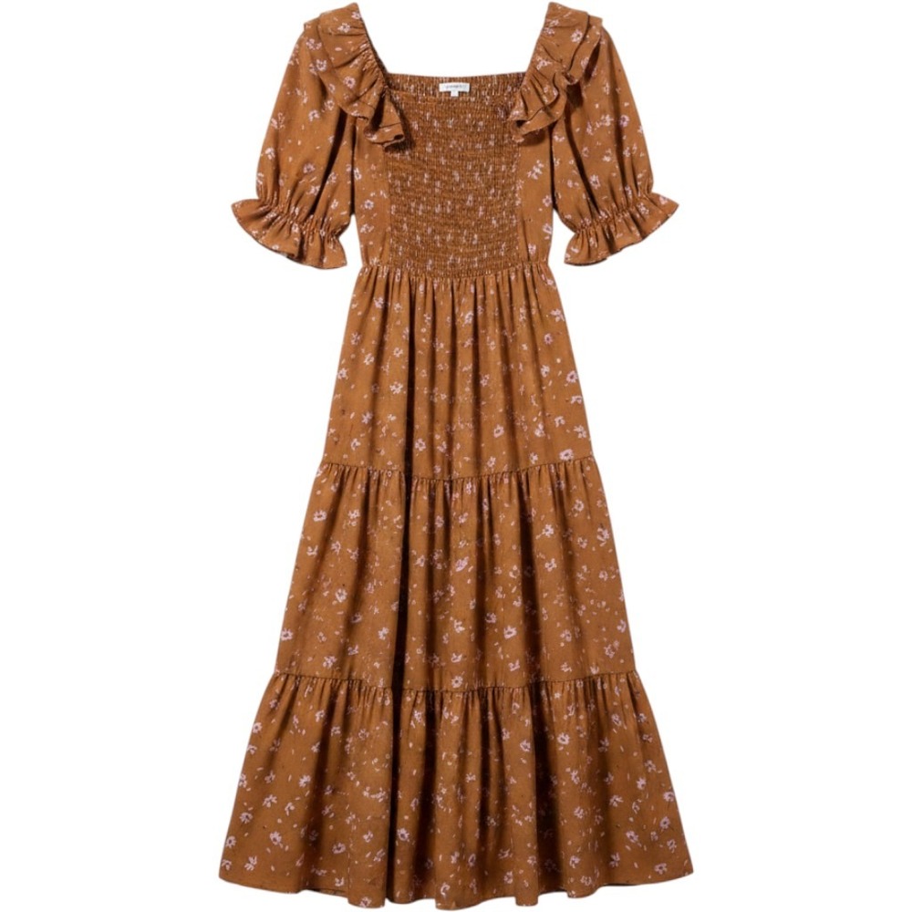 Women's Brown Floral Prairie Maxi Dress Cottagecore Coquette Western Milkmaid